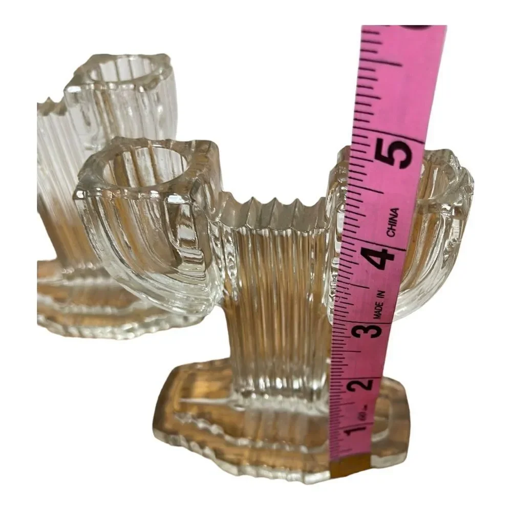 Vintage Anchor Hocking Queen Mary Clear Cactus Art Deco Candleholder SET of 2